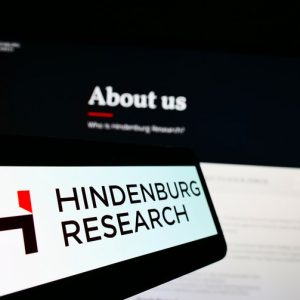 Stuttgart, Germany - 08-28-2021: Mobile phone with logo of investment company Hindenburg Research LLC on screen in front of business website. Focus on center-left of phone display. Unmodified photo.